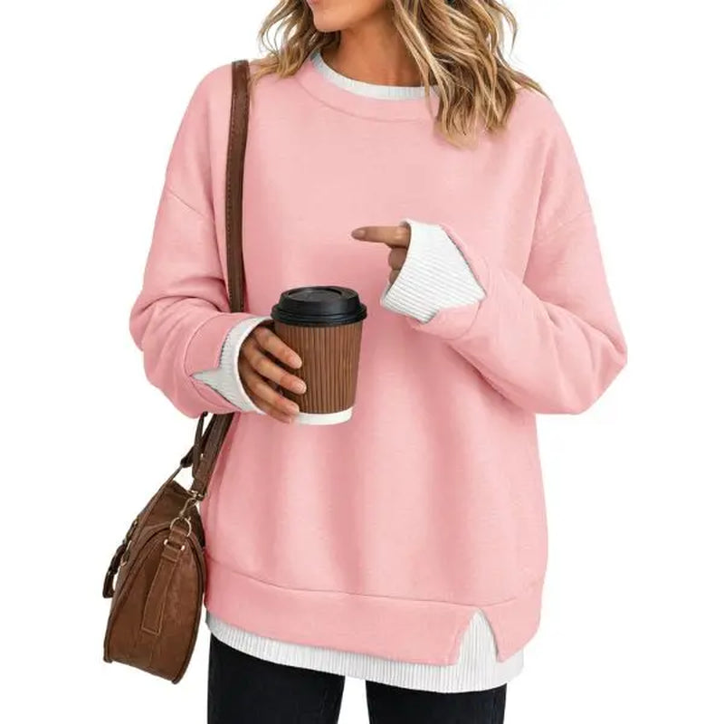 Fisoew Women'S Fake Two Piece Layered Sweatshirt, Crew Neck White Ribbed Cuff & Hem Patchwork Drop Shoulder Oversized Long Sleeve Pullover Top Hoodie Hoodie Fit Casual